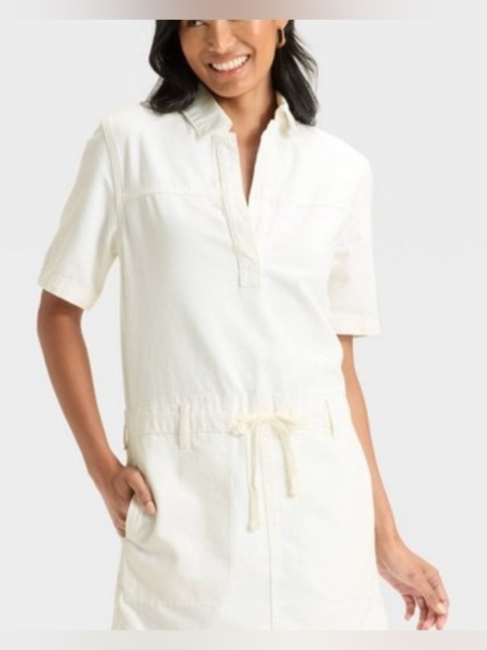 NWT- medium universal threads white denim Y2K drawstring waist mini dress